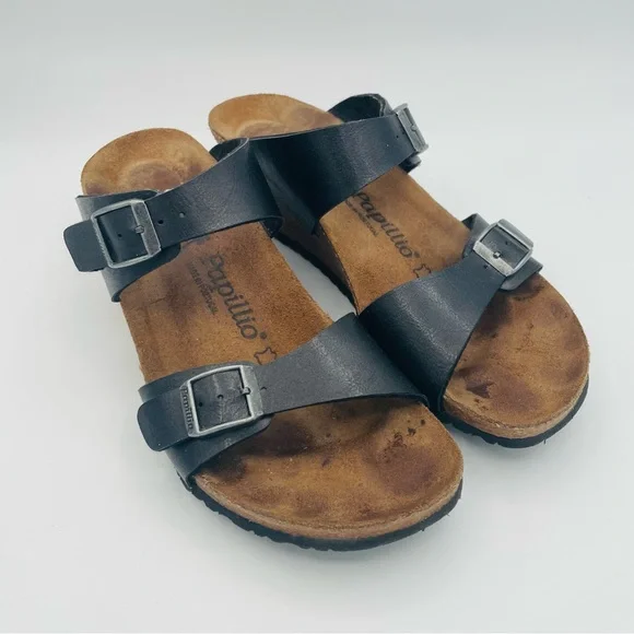 Women’s Birkenstock Papillio Black Leather Sandals Wedges EU 39 US 8-8.5 Comfort - Picture 5 of 8